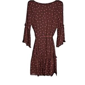 Gabby &‎ Skye Flowy Brown Babydoll Dress Size 12 Pink Polka Dot  & Tie Waist